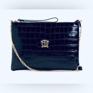 Pratesi Black & Gold Leather Croco Wristlet Crossbody | New With Tags
